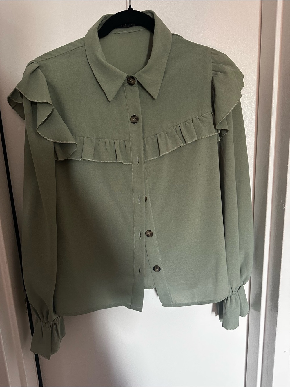 Sage Ruffle Button-Front Blouse - Picture 2 of 5